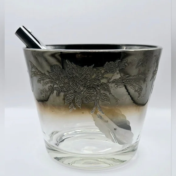 Vintage Silver Ombre Glass Ice Bucket Floral Etched w Tongs MCM Style - Picture 5 of 8